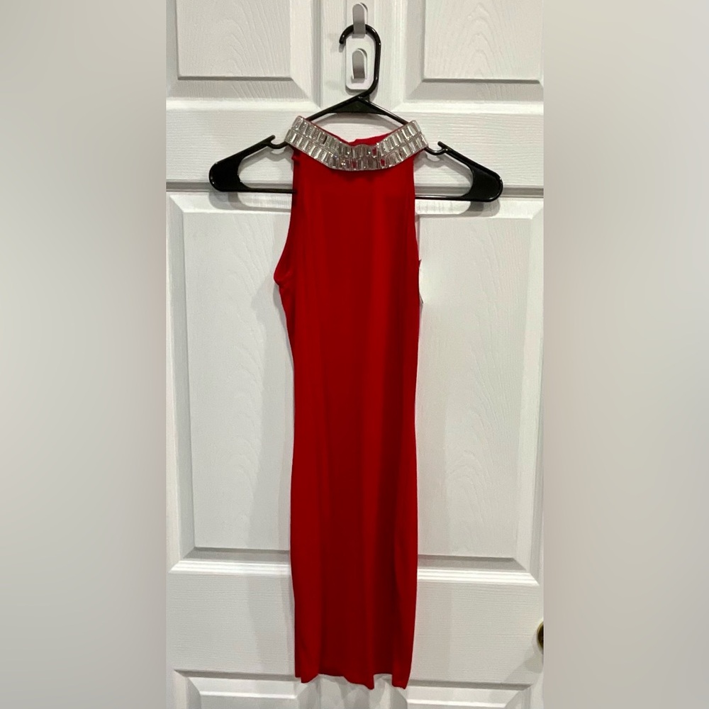 Solid Red Mini Dress with Rhinestone Neck Trim- Small